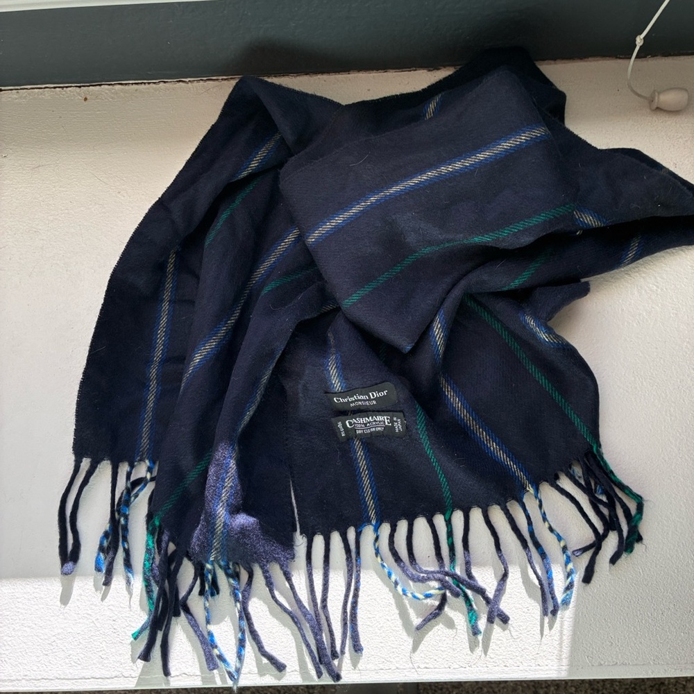 Christian Dior Vintage Dark Blue Plaid Scarf with Fringe - Picture 7 of 7